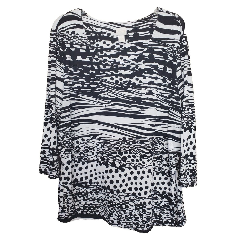 Chico's Jersey Knit Black/Gray Dots & Stripes Scoop Neck Knit Tunic Size 4 (XXL)